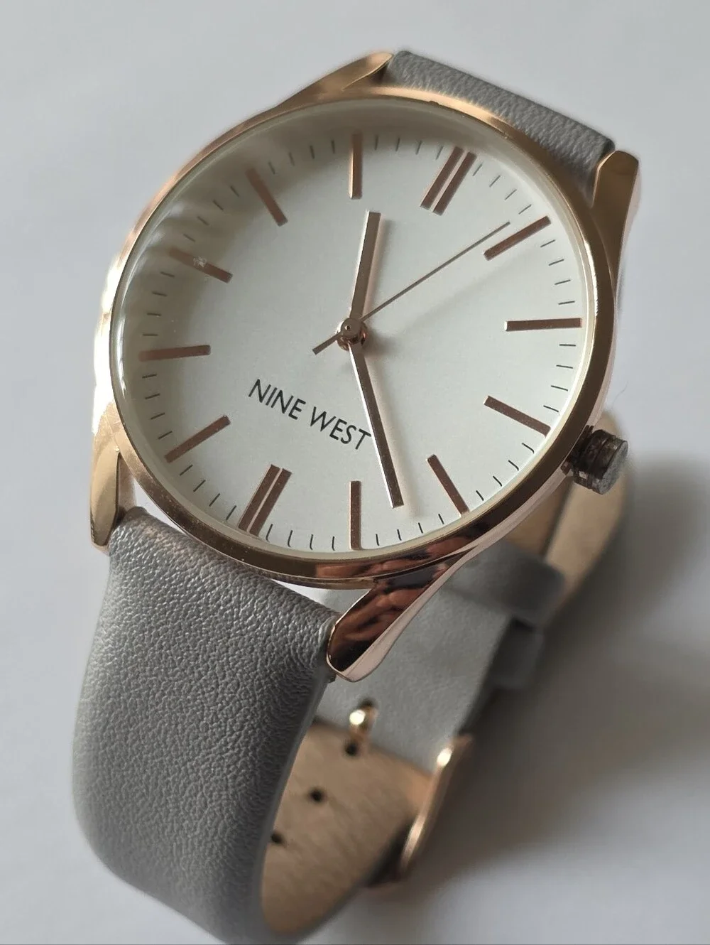 Nine West Soft Gray Leather Strap Watch with Rose Gold Case